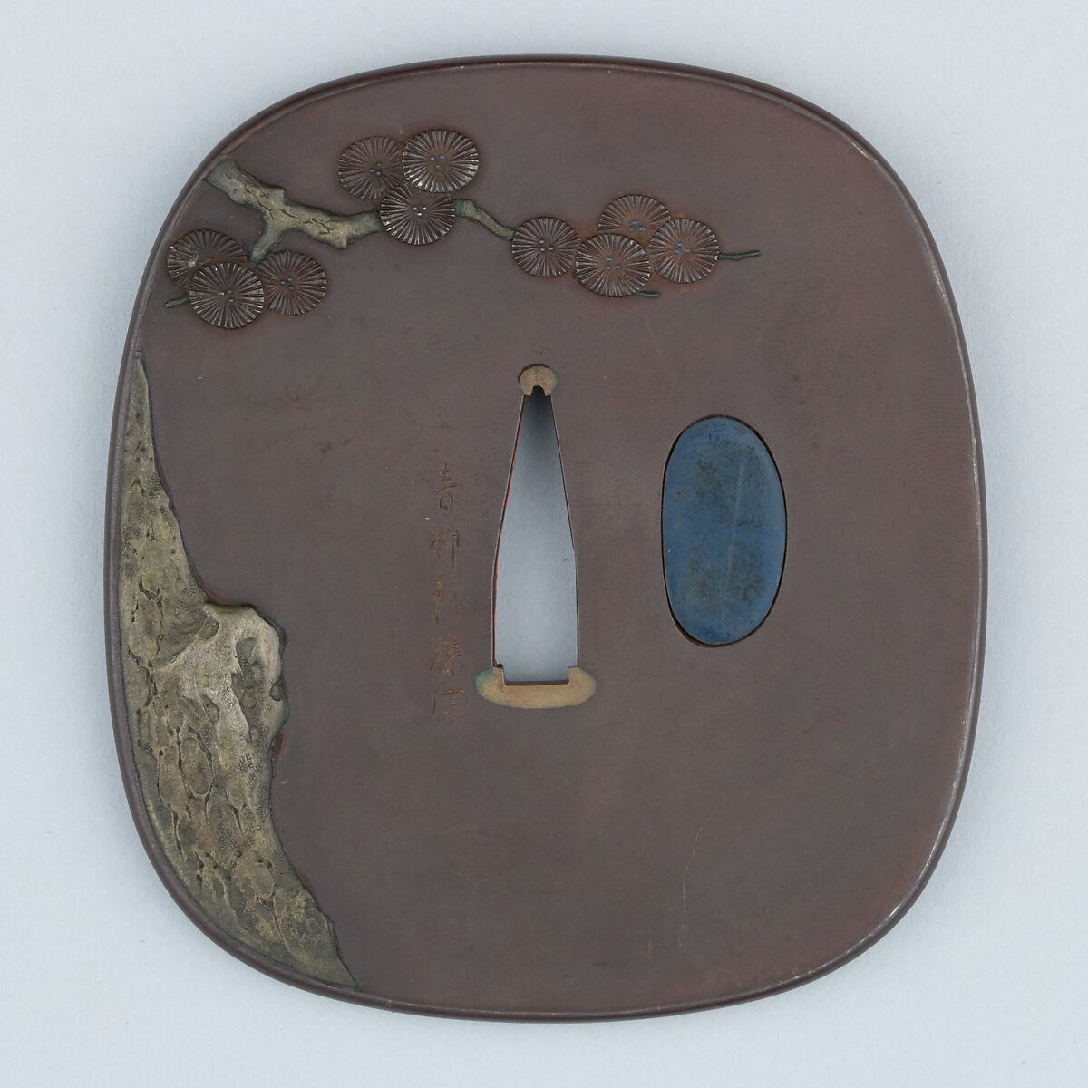 Sword Guard (Tsuba), Iron, copper-silver alloy (shibuichi), gold, copper, Japanese