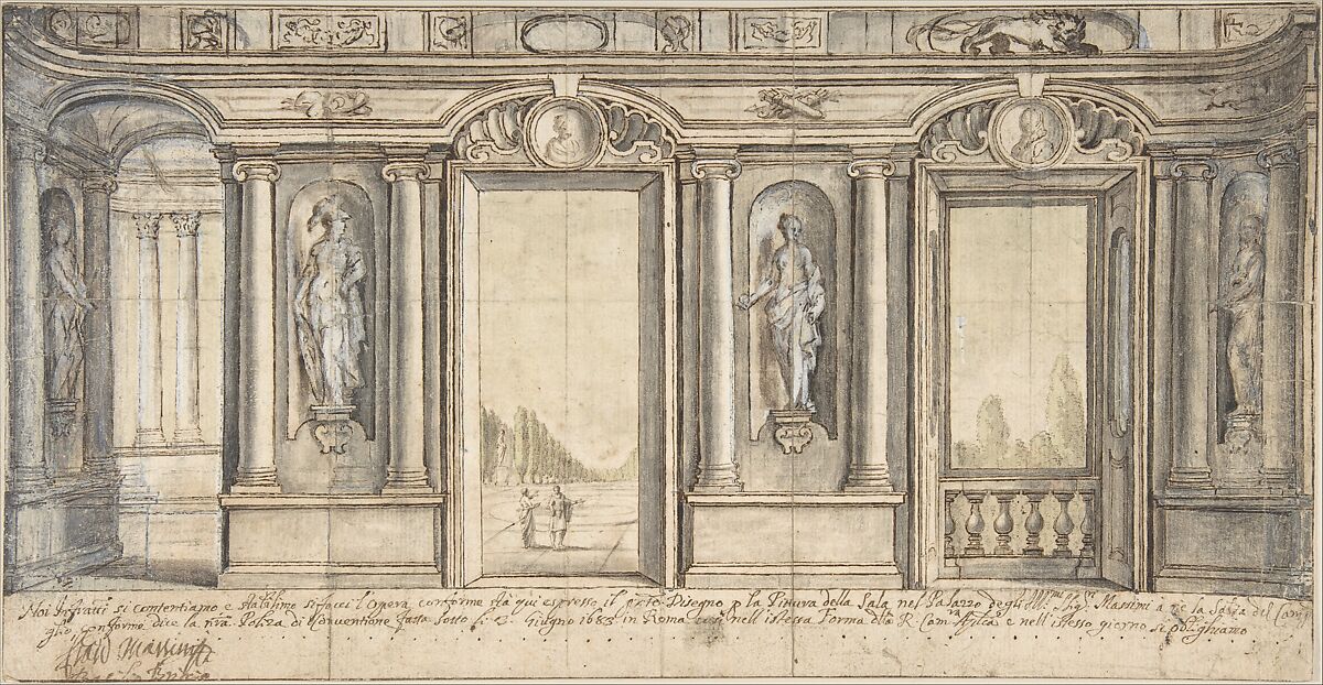 Design for a Painted Wall Decoration for Palazzo Massimo all'Aracoeli (Rome), Basilio Briccio (Italian, Rome 1621–1692 Rome), Pen and ink with green and gray wash, highlighted with white gouache 