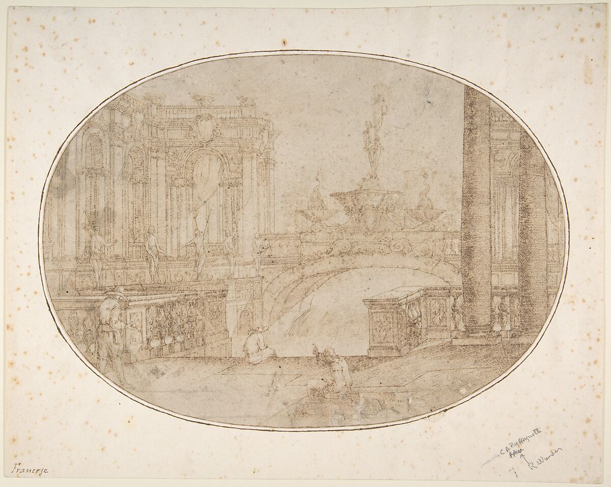 Architectural Perspective for a Stage Set with a Bridge, Statues and a Fountain in the Background and Human Figures in the Foreground, Carlo Antonio Buffagnotti (Italian, Bologna 1660–after 1710 Ferrara), Pen and brown ink over traces of leadpoint 