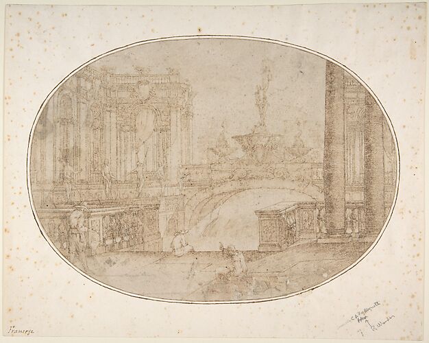Architectural Perspective for a Stage Set with a Bridge, Statues and a Fountain in the Background and Human Figures in the Foreground