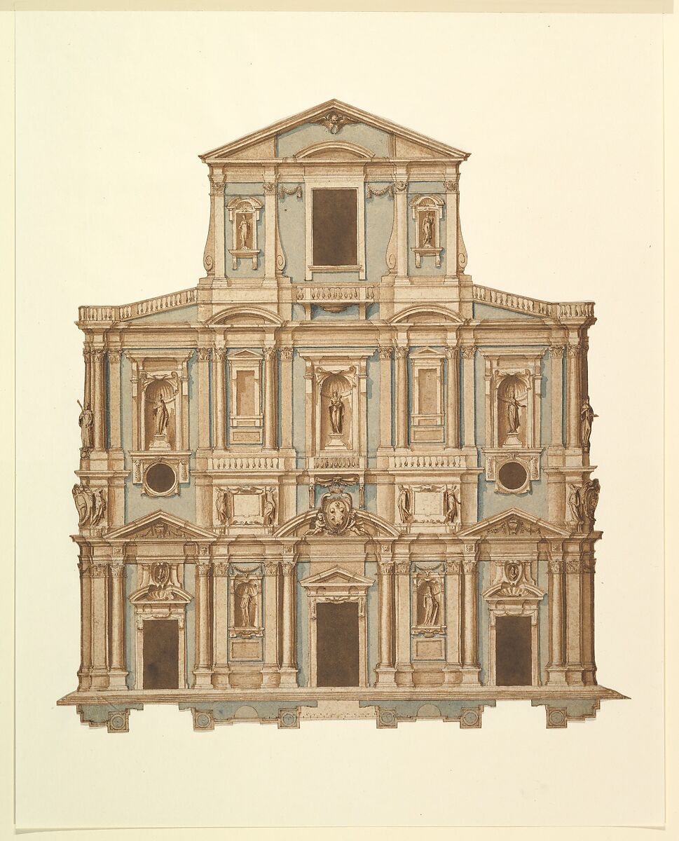 Drawing for Buontalenti's Model for the Facade of S. Maria del Fiore of Florence, Attributed to Cigoli (Ludovico Cardi) (Italian, Castello di Cigoli 1559–1613 Rome), Pen and brown ink, brush with brown and blue-green washes 