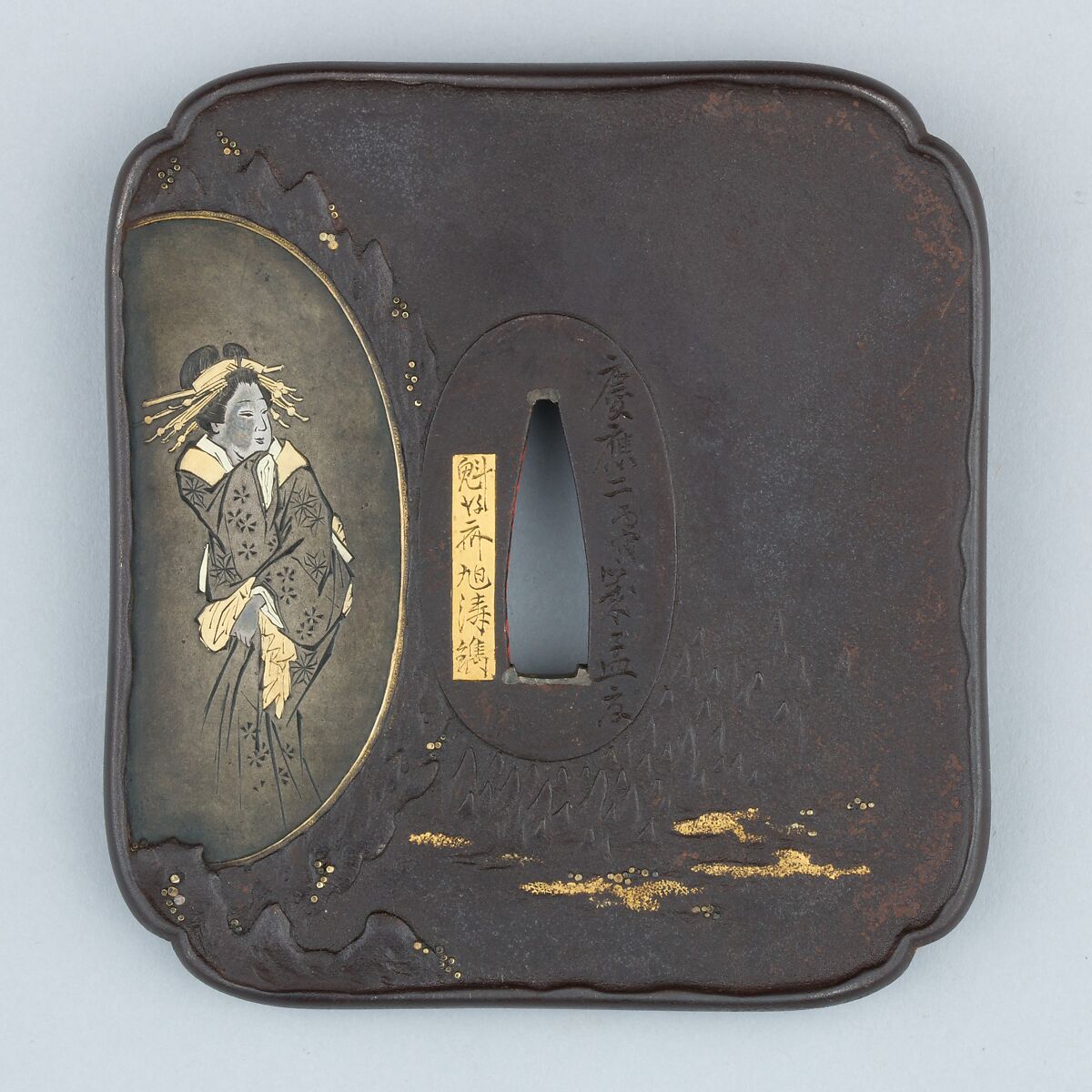 Sword Guard (Tsuba), Iron, gold, copper, copper-silver alloy (shibuichi), silver, Japanese