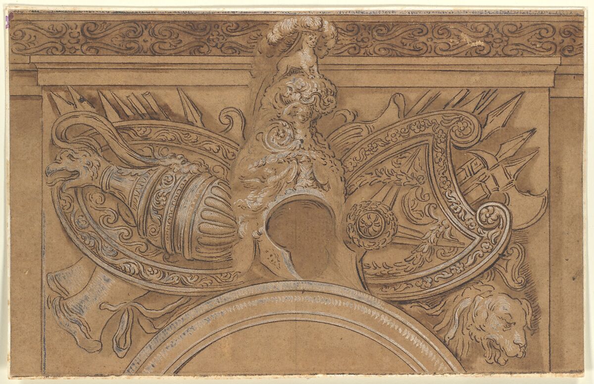 Armorial Trophy, After Polidoro da Caravaggio (Italian, Caravaggio ca. 1499–ca. 1543 Messina), Pen and brown ink, brush and brown wash, heightened with white, over graphite