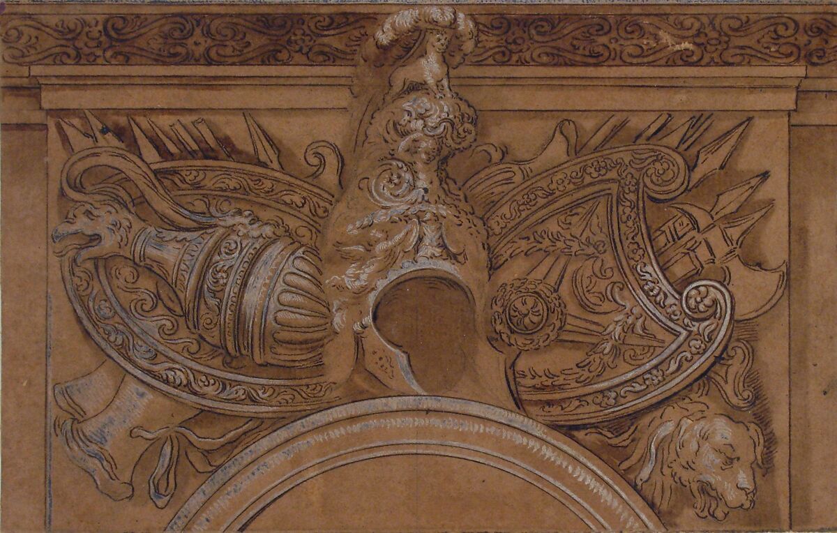 Armorial Trophy, After Polidoro da Caravaggio (Italian, Caravaggio ca. 1499–ca. 1543 Messina), Pen and brown ink, brush and brown wash, heightened with white, over graphite