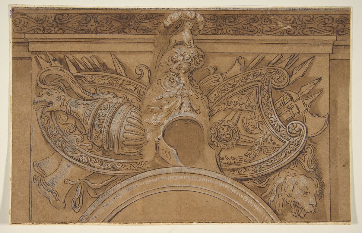 Armorial Trophy, After Polidoro da Caravaggio (Italian, Caravaggio ca. 1499–ca. 1543 Messina), Pen and brown ink, brush and brown wash, heightened with white, over traces of graphite 
