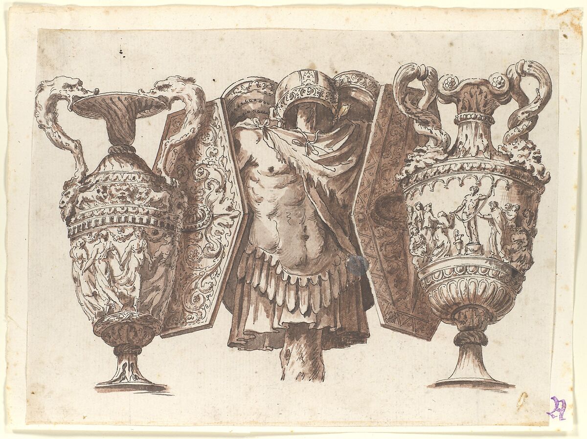 Trophy with Two Vases and a Cuirass, After Polidoro da Caravaggio (Italian, Caravaggio ca. 1499–ca. 1543 Messina), Pen and black ink, brush and reddish-brown wash, over graphite