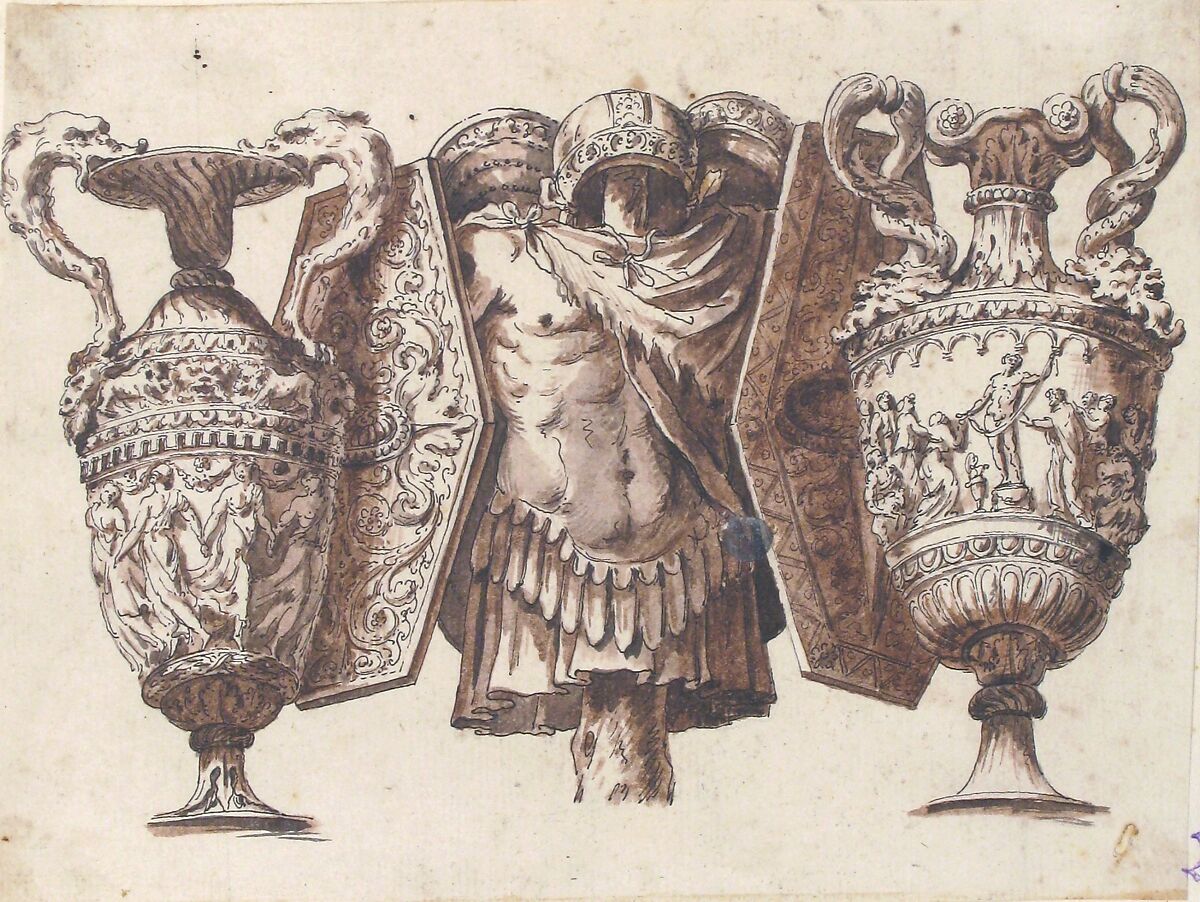 Trophy with Two Vases and a Cuirass, After Polidoro da Caravaggio (Italian, Caravaggio ca. 1499–ca. 1543 Messina), Pen and black ink, brush and reddish-brown wash, over graphite