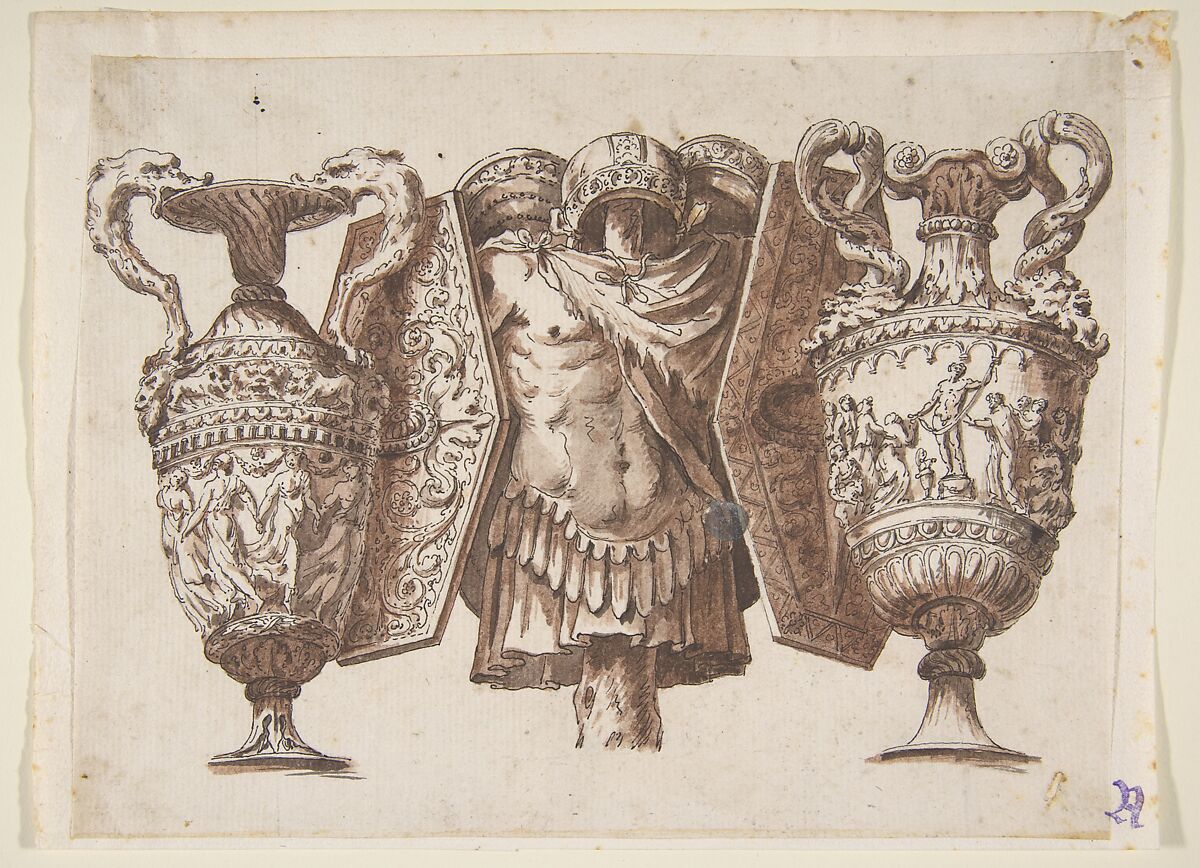 Trophy with Two Vases and a Cuirass, After Polidoro da Caravaggio (Italian, Caravaggio ca. 1499–ca. 1543 Messina), Pen and black ink, brush and reddish-brown wash, over traces of graphite 