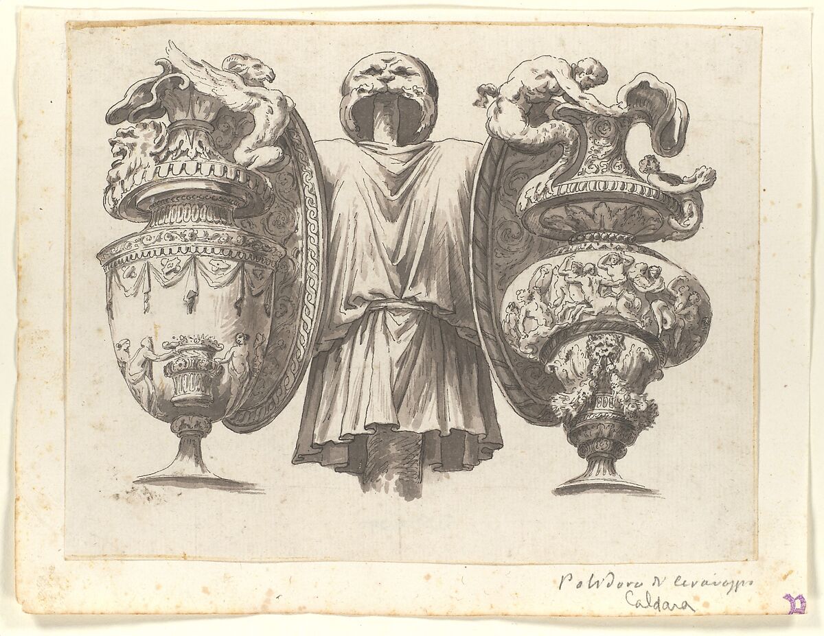 Trophy with Two Ewers, After Polidoro da Caravaggio (Italian, Caravaggio ca. 1499–ca. 1543 Messina), Pen and black ink, brush and grayish-brown wash, over graphite