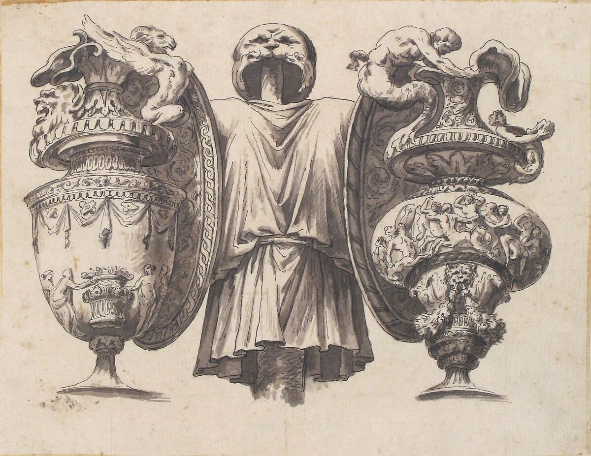 Trophy with Two Ewers, After Polidoro da Caravaggio (Italian, Caravaggio ca. 1499–ca. 1543 Messina), Pen and black ink, brush and grayish-brown wash, over graphite