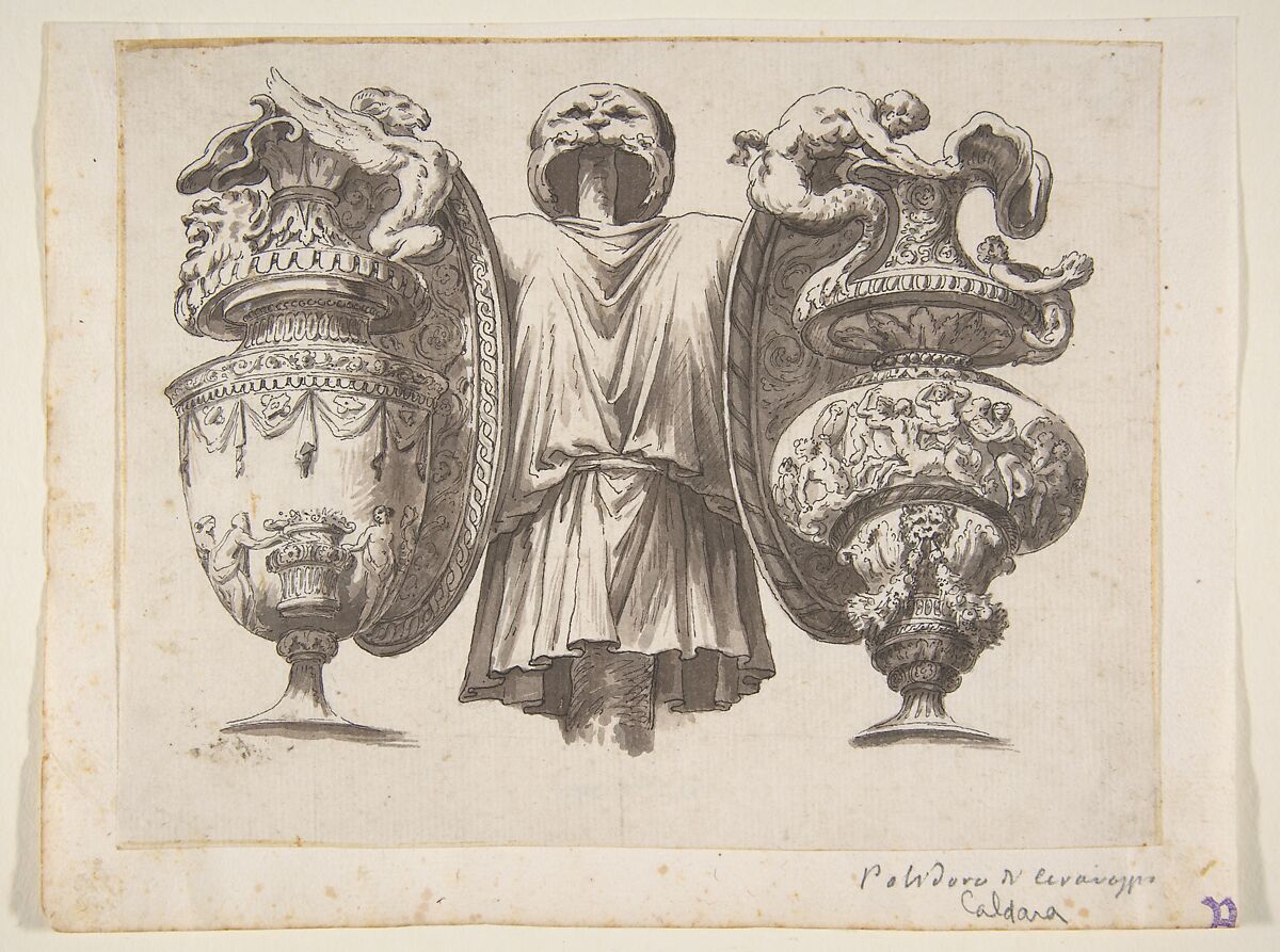 Trophy with Two Ewers, After Polidoro da Caravaggio (Italian, Caravaggio ca. 1499–ca. 1543 Messina), Pen and black ink, brush and grayish-brown wash, over traces of graphite 