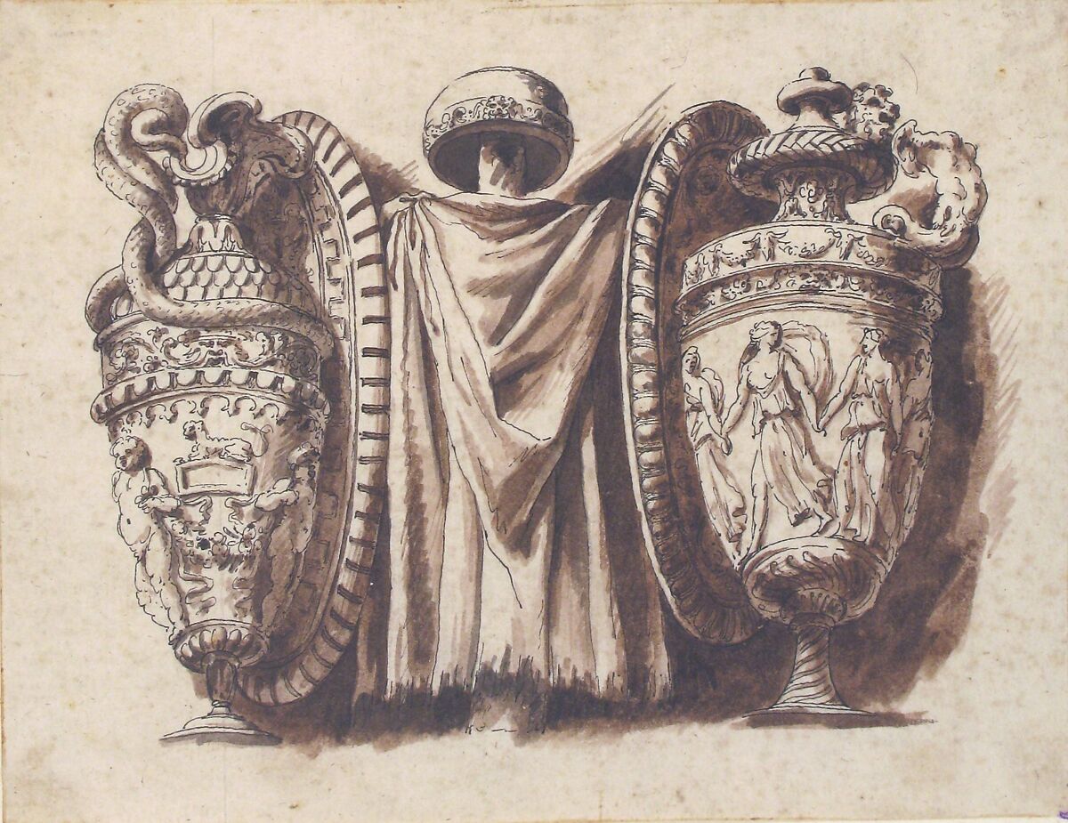 Trophy with Two Vases, After Polidoro da Caravaggio (Italian, Caravaggio ca. 1499–ca. 1543 Messina), Pen and black ink, brush and reddish-brown wash, over graphite
