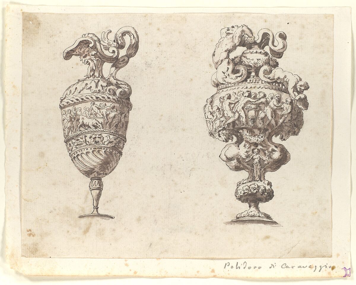 Two Designs for Ewers, After Polidoro da Caravaggio (Italian, Caravaggio ca. 1499–ca. 1543 Messina), Pen and black ink, brush and grayish-brown wash, over leadpoint or graphite