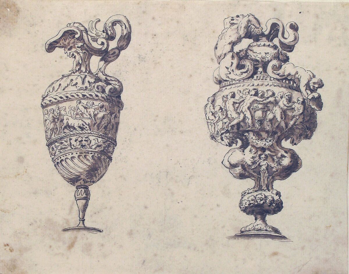 Two Designs for Ewers, After Polidoro da Caravaggio (Italian, Caravaggio ca. 1499–ca. 1543 Messina), Pen and black ink, brush and grayish-brown wash, over leadpoint or graphite
