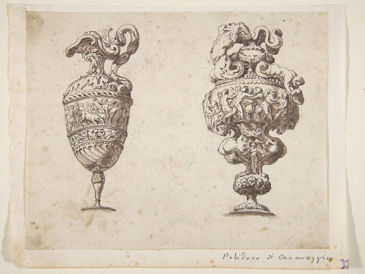 Two Designs for Ewers, After Polidoro da Caravaggio (Italian, Caravaggio ca. 1499–ca. 1543 Messina), Pen and black ink, brush and grayish-brown wash, over traces of leadpoint or graphite 