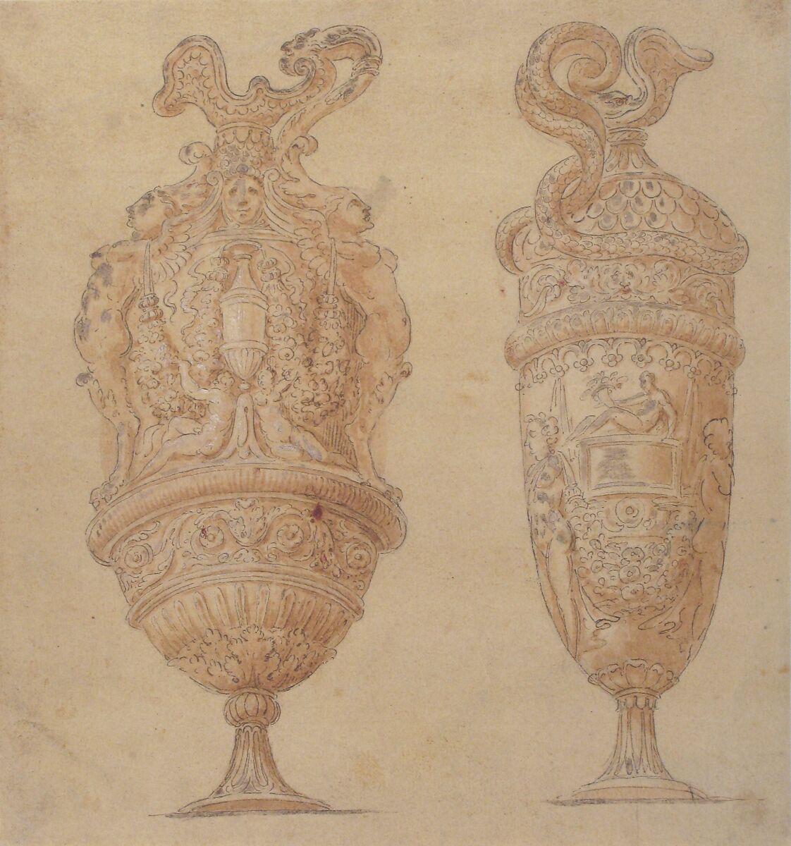Two Urns Decorated with Human Figures, Animals and Garlands, After Polidoro da Caravaggio (Italian, Caravaggio ca. 1499–ca. 1543 Messina), Pen and brown ink, brush with brown and gray wash highlighted with white gouache over traces of graphite