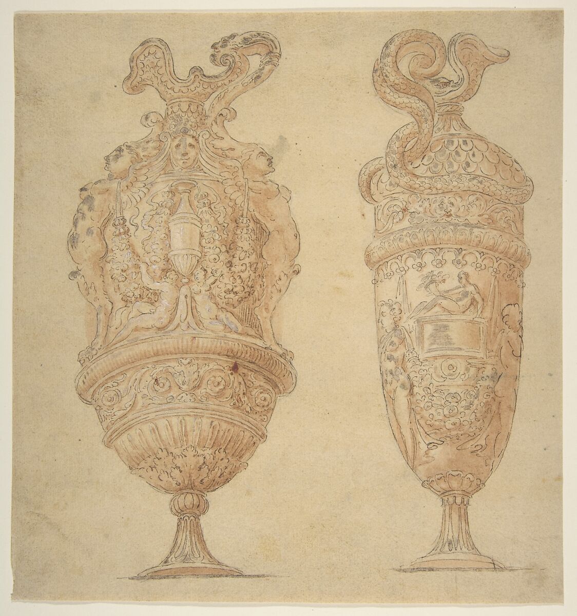 Two Urns Decorated with Human Figures, Animals and Garlands, After Polidoro da Caravaggio (Italian, Caravaggio ca. 1499–ca. 1543 Messina), Pen and brown ink, brush with brown and gray wash highlighted with white gouache over traces of graphite 