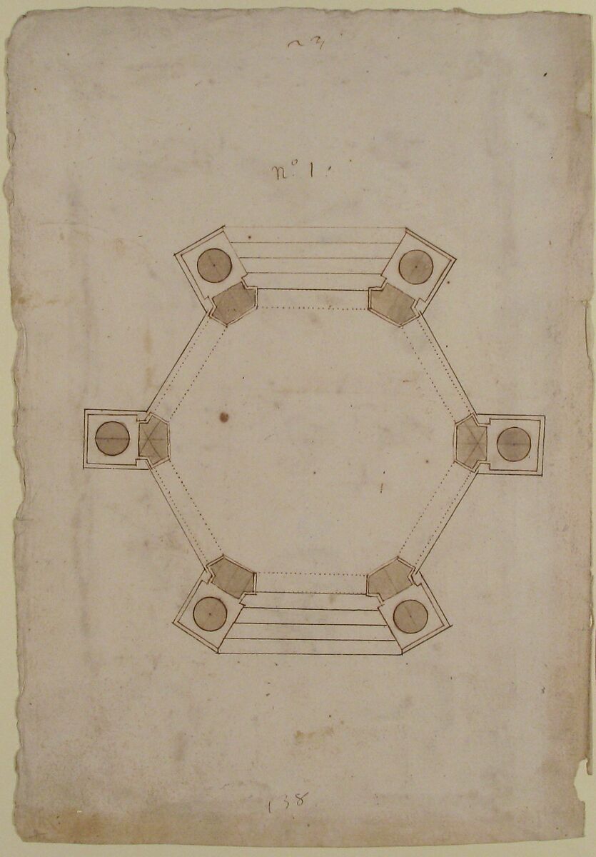 Ground Plan of a Pavillion, Anonymous, French, 16th century, Pen and brown ink, brush and brown wash on laid paper.