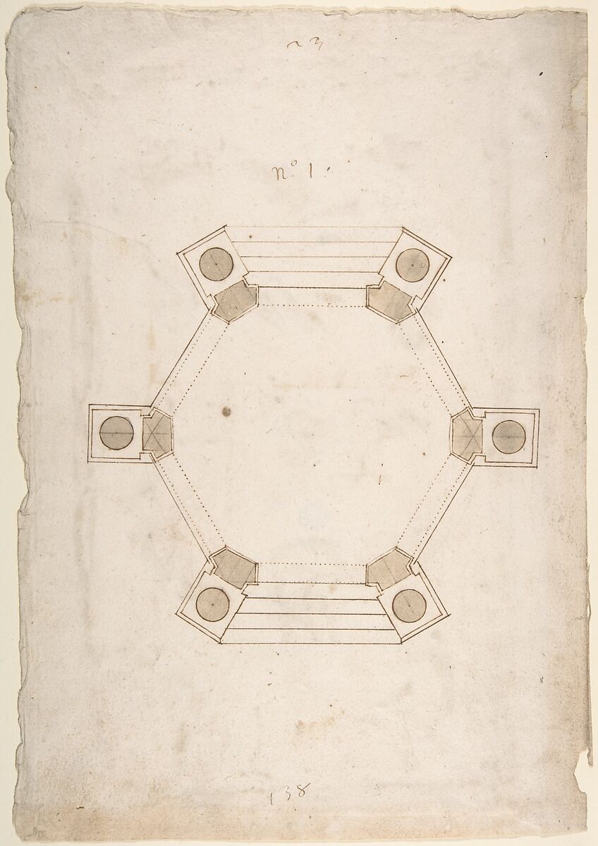 Ground Plan of a Pavillion, Anonymous, French, 16th century, Pen and brown ink, brush and brown wash on laid paper. 