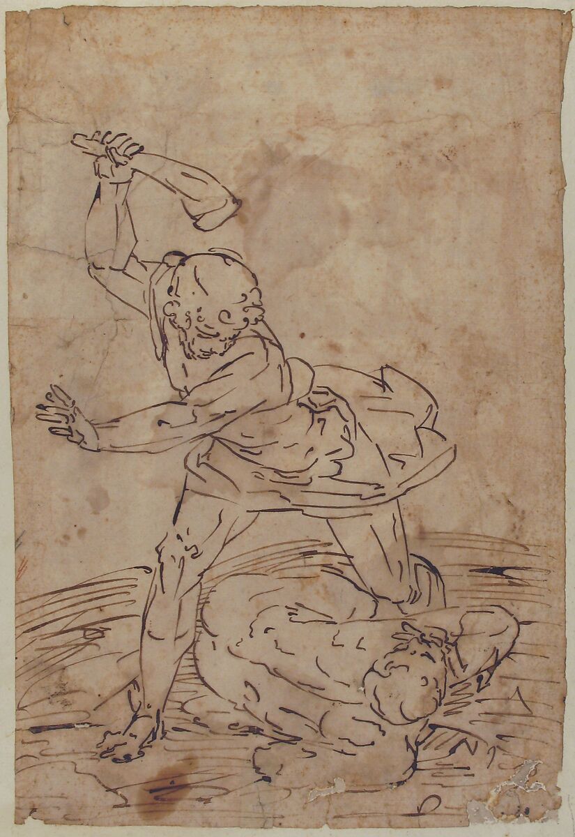 Study of Two Male Figures Fighting, Circle of Luca Cambiaso (Italian, Moneglia 1527–1585 Madrid), Pen and dark brown ink over graphite