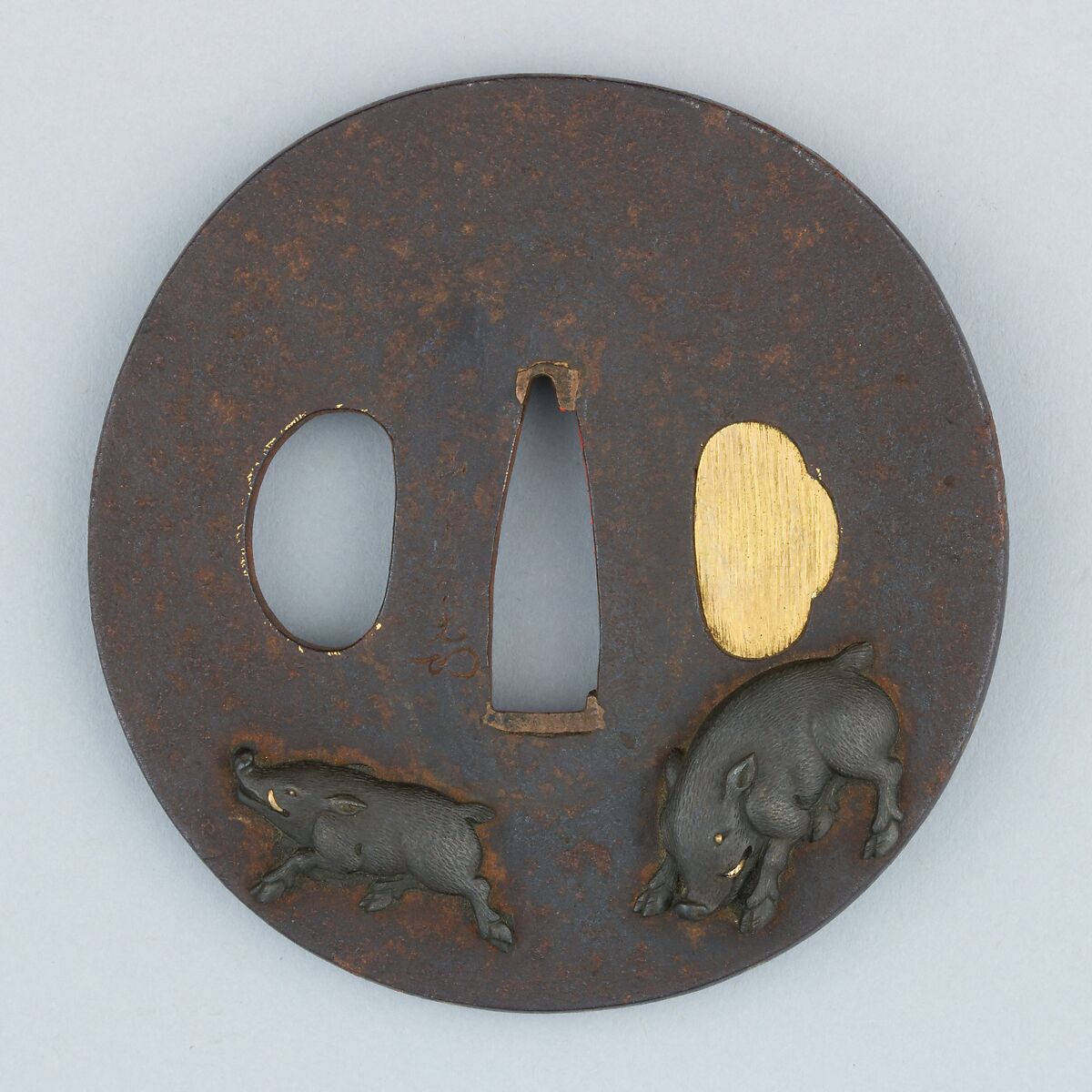Sword Guard (Tsuba), Iron, copper-silver alloy (shibuichi), copper, Japanese 