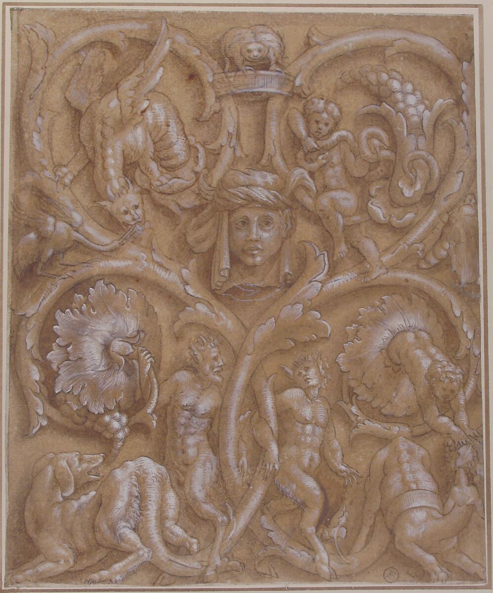 Design for an Ornamental Panel with Rinceaux, Satyrs, Putti, Monsters and a Human Head, Attributed to Giulio Campi (Italian, Cremona 1502–1572), Pen and brown ink, brush and brown wash on brown ink washed paper, highlighted with white gouache