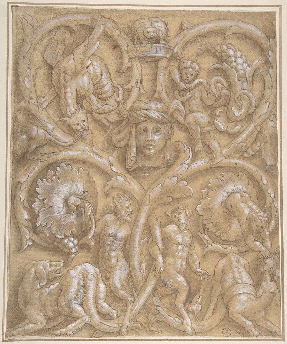 Design for an Ornamental Panel with Rinceaux, Satyrs, Putti, Monsters and a Human Head, Attributed to Giulio Campi (Italian, Cremona 1502–1572), Pen and brown ink, brush and brown wash on brown ink washed paper, highlighted with white gouache 