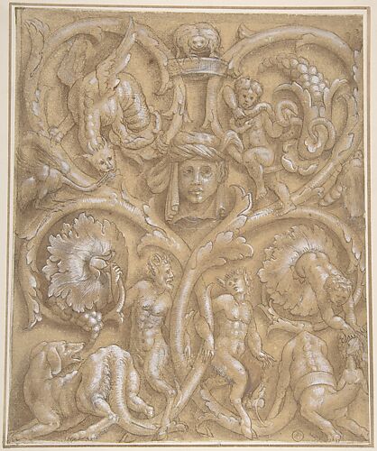 Design for an Ornamental Panel with Rinceaux, Satyrs, Putti, Monsters and a Human Head