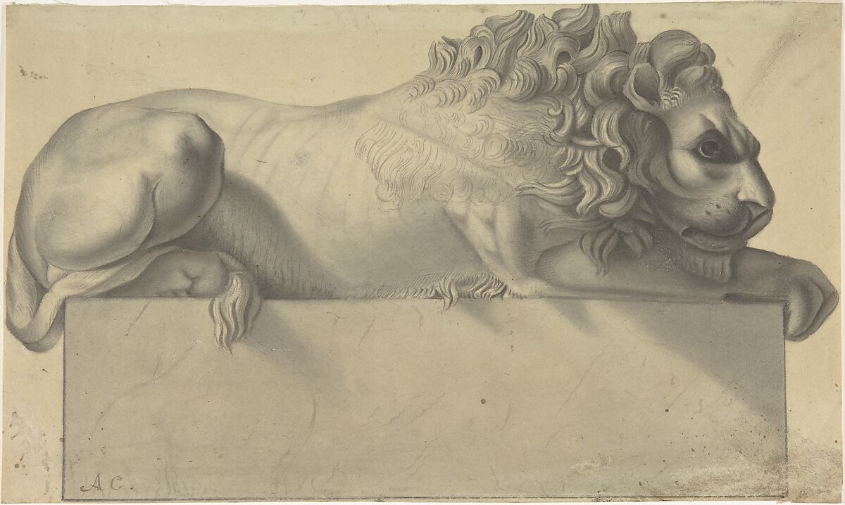 Drawing after a Lithograph of a Recumbent Lion., After Antonio Canova (Italian, Possagno 1757–1822 Venice), Brush and black and gray wash, graphite and black chalk 