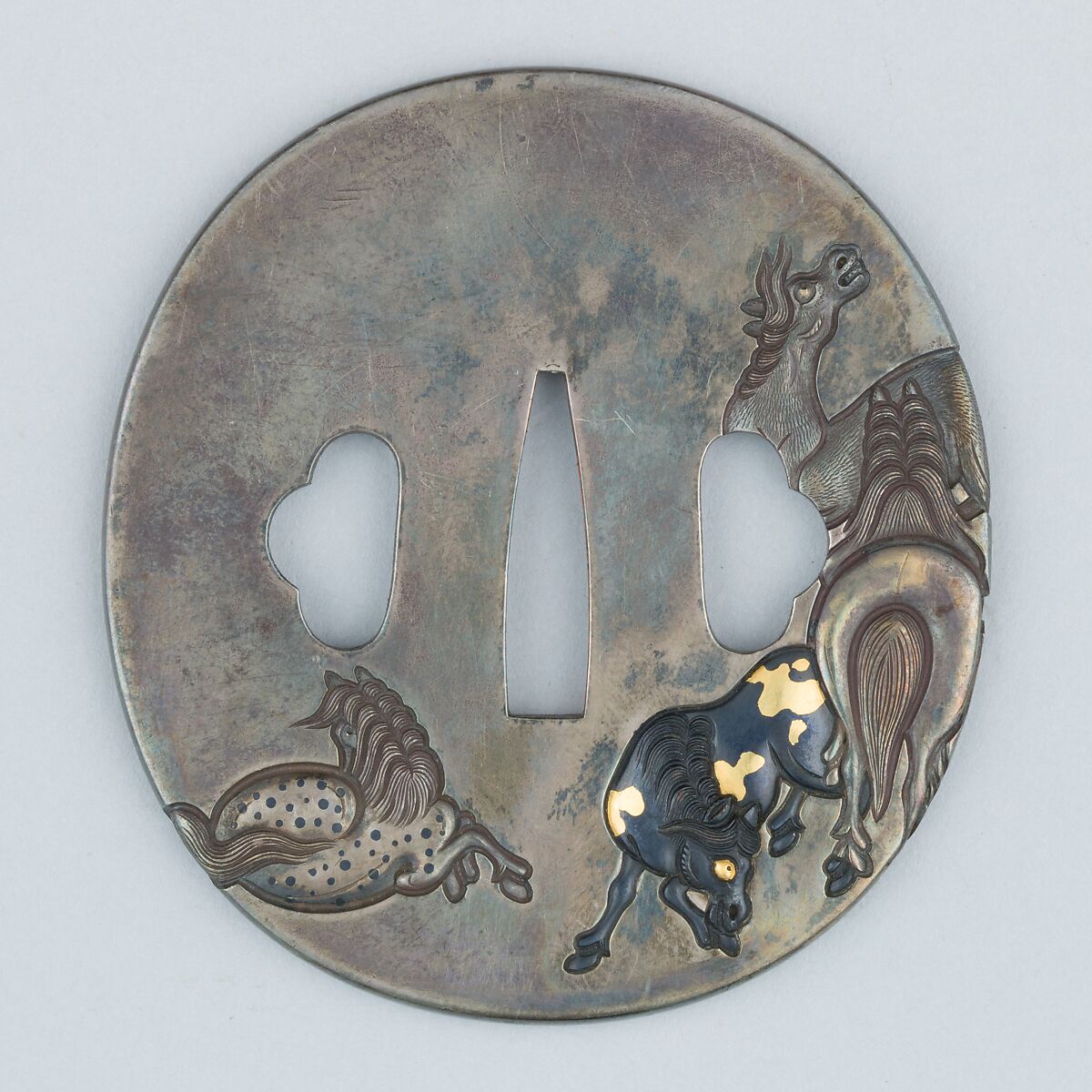 Sword Guard (Tsuba), Silver, gold, copper-gold alloy (shakudō), copper, Japanese