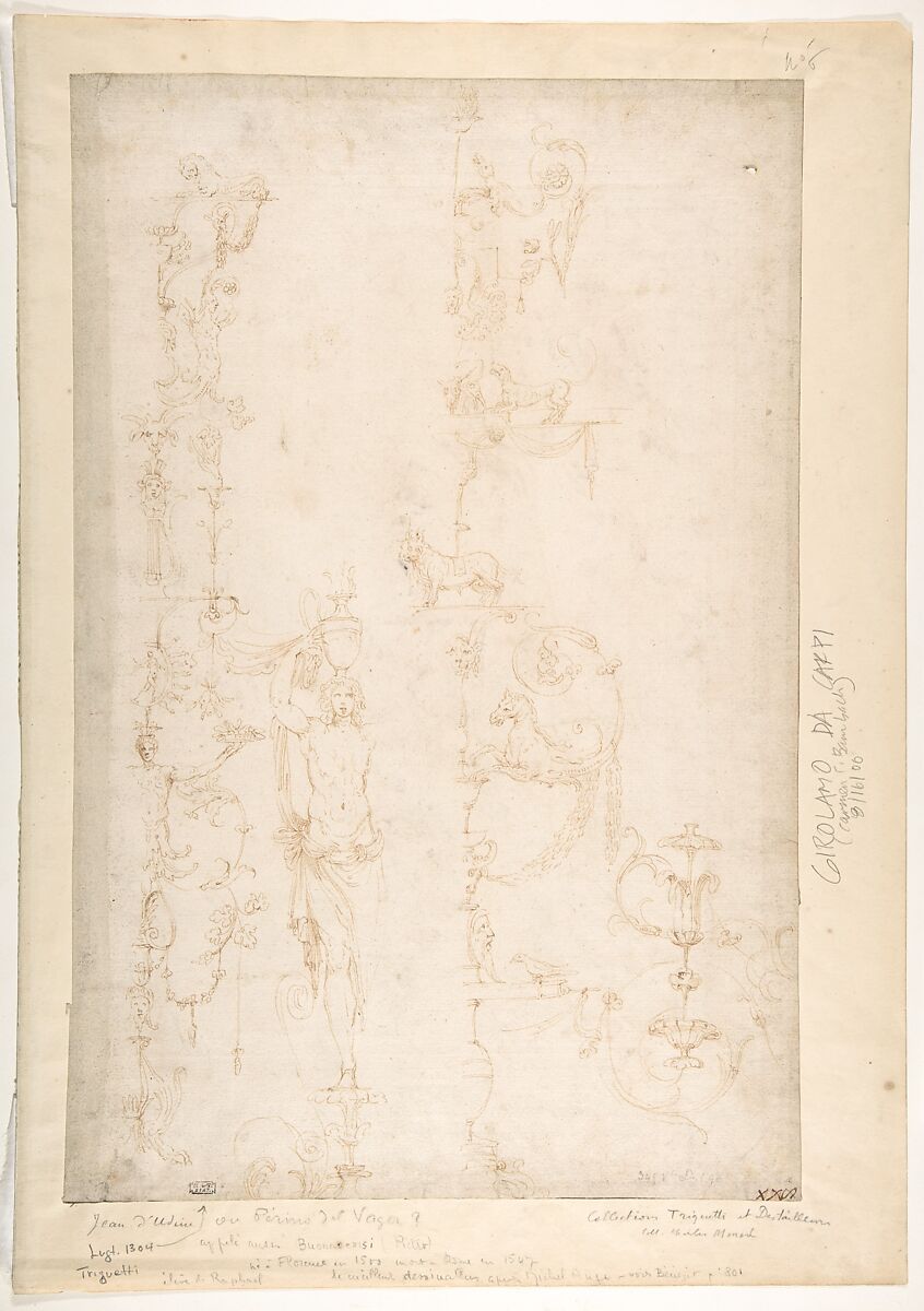 Sketches for Grotesque Wall Decorations., Girolamo da Carpi (Girolamo Sellari) (Italian, Ferrara 1501–1556 Ferrara), Pen and brown ink 