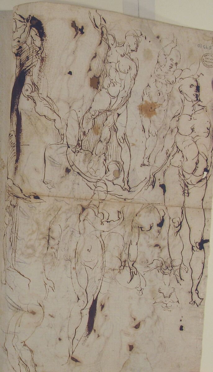 Studies of Nudes and Human Heads (recto and on the verso), circle of Agostino Carracci (Italian, Bologna 1557–1602 Parma), Pen and brown ink over traces of graphite