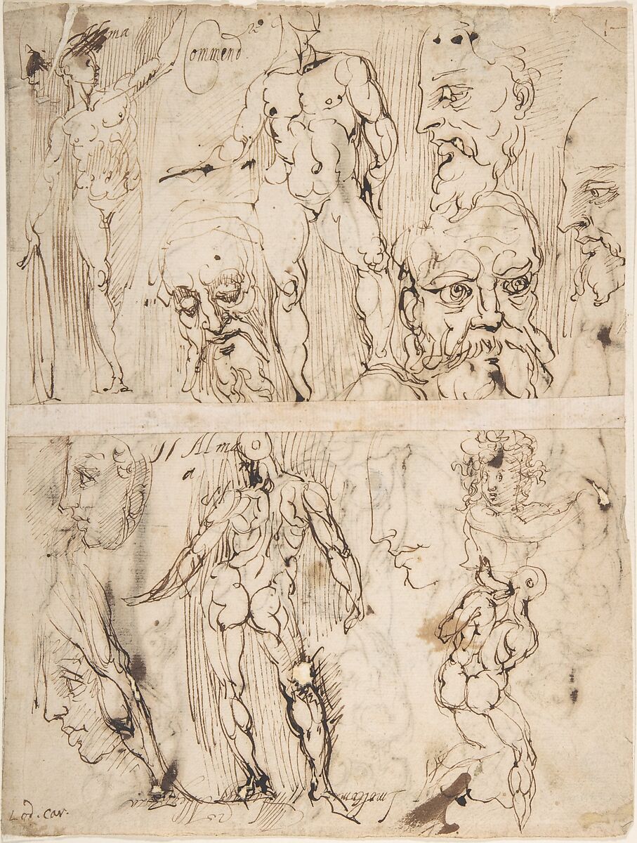 Studies of Nudes and Human Heads (recto and on the verso), circle of Agostino Carracci (Italian, Bologna 1557–1602 Parma), Pen and brown ink over traces of graphite 