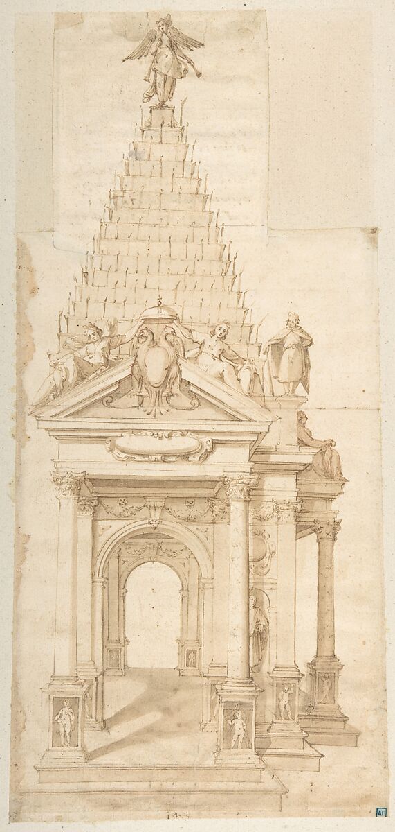 Drawing of a Catafalque for Philip II of Spain, 1598, Alessandro Casolani della Torre (Italian, Siena 1552–1606 Siena), Pen, brown ink and washes 
