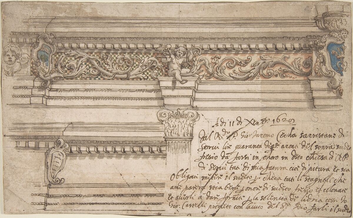 Design for Painted Corner and Frieze of the Choir in the Church of the Servi in Bologna, Giovanni Andrea Castelli (Italian, active in Bologna first half 17th century), Pen and brown ink, brush and blue, green, orange and brown wash over traces of black chalk 