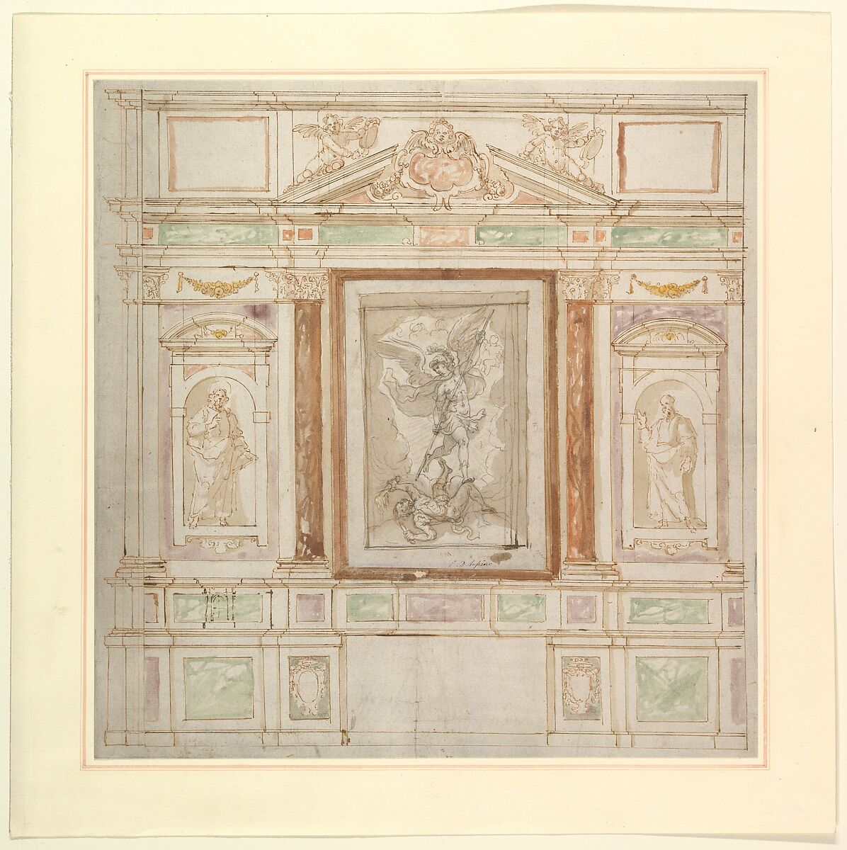 Architectural Design for a Monumental Altar, with a Composition with Saint Michael Against Satan and two Saints (Saints Peter and Paul?), Anonymous  , Roman (?), XVII Century, Pen and brown ink, over black chalk, brush with green, purple, yellow, and brown washes, ruler incisions. 