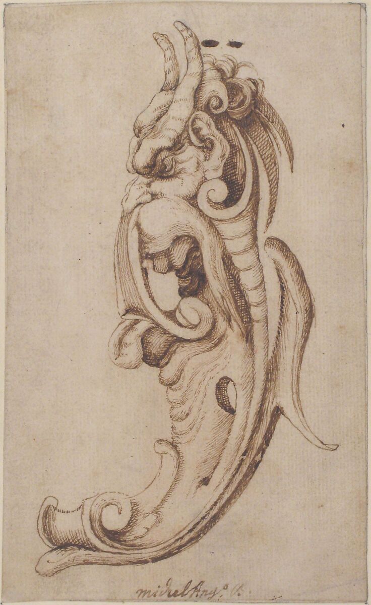 Cartouche in the Form of a Horned Monster's Head in Near Profile View, Attributed to Michelangelo Colonna (Italian, Ravenna/Como 1604–1687 Bologna), Pen and brown ink, over traces of graphite