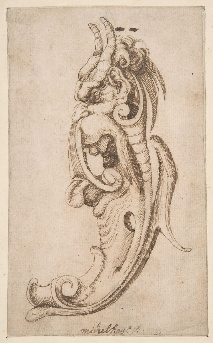 Cartouche in the Form of a Horned Monster's Head in Near Profile View, Attributed to Michelangelo Colonna (Italian, Ravenna/Como 1604–1687 Bologna), Pen and brown ink, over traces of graphite 