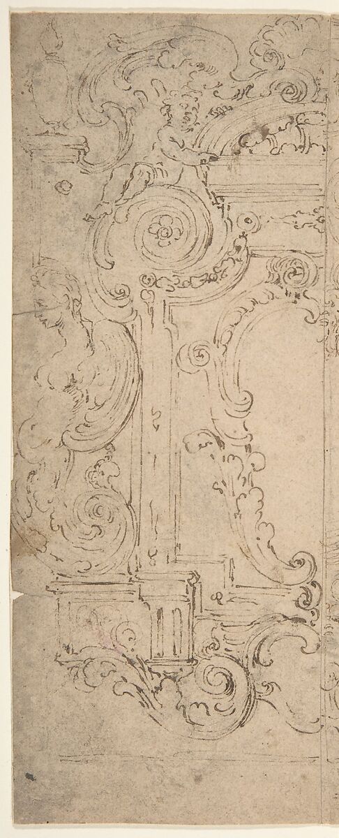 Two Alternatives Designs for a Cartouche Decorated with a Frame, Statues, and Volutes., Michelangelo Colonna (Italian, Ravenna/Como 1604–1687 Bologna) (?), Pen and brown ink, over traces of black chalk 
