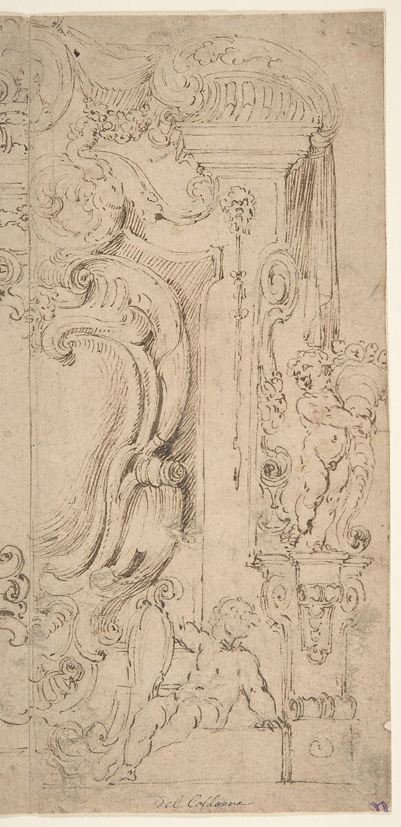 Right and Part of the Left Half of a Design for a Cartouche, Michelangelo Colonna (Italian, Ravenna/Como 1604–1687 Bologna) (?), Pen and ink, over faint traces of black chalk 