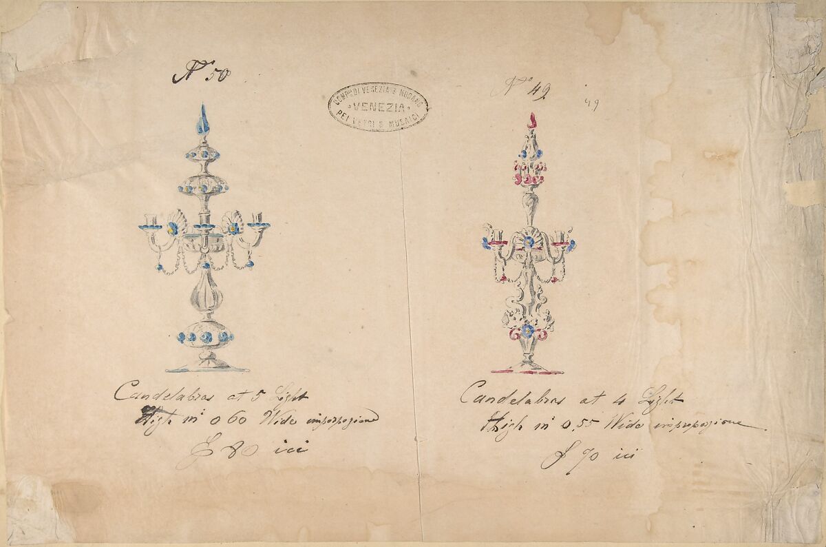 One of Twenty-Three Sheets of Drawings of Glassware (Mirrors, Chandeliers, Goblets, etc.), Compagnia di Venezia e Murano (Italian 1872–1909), Tissue, with graphite, pen and ink, and watercolor 