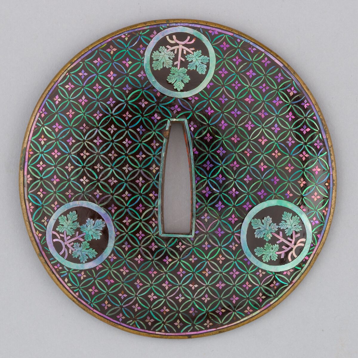 Sword Guard (Tsuba), Copper-gold alloy (shakudō), copper alloy (sentoku), lacquer, copper, shell (abalone), Japanese 