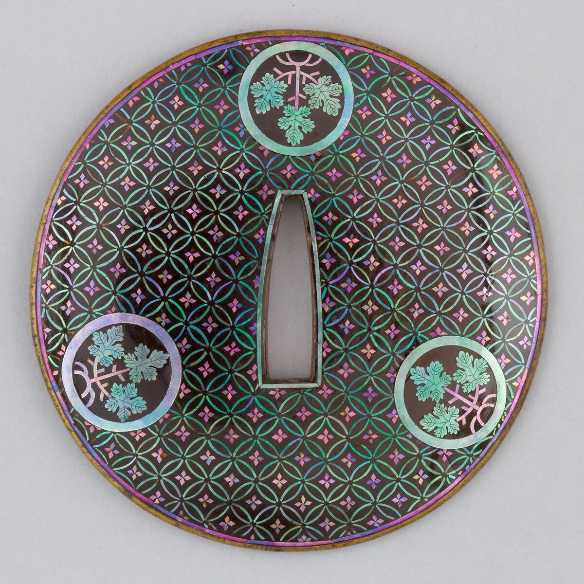 Sword Guard (Tsuba), Copper-gold alloy (shakudō), copper alloy (sentoku), lacquer, copper, shell (abalone), Japanese