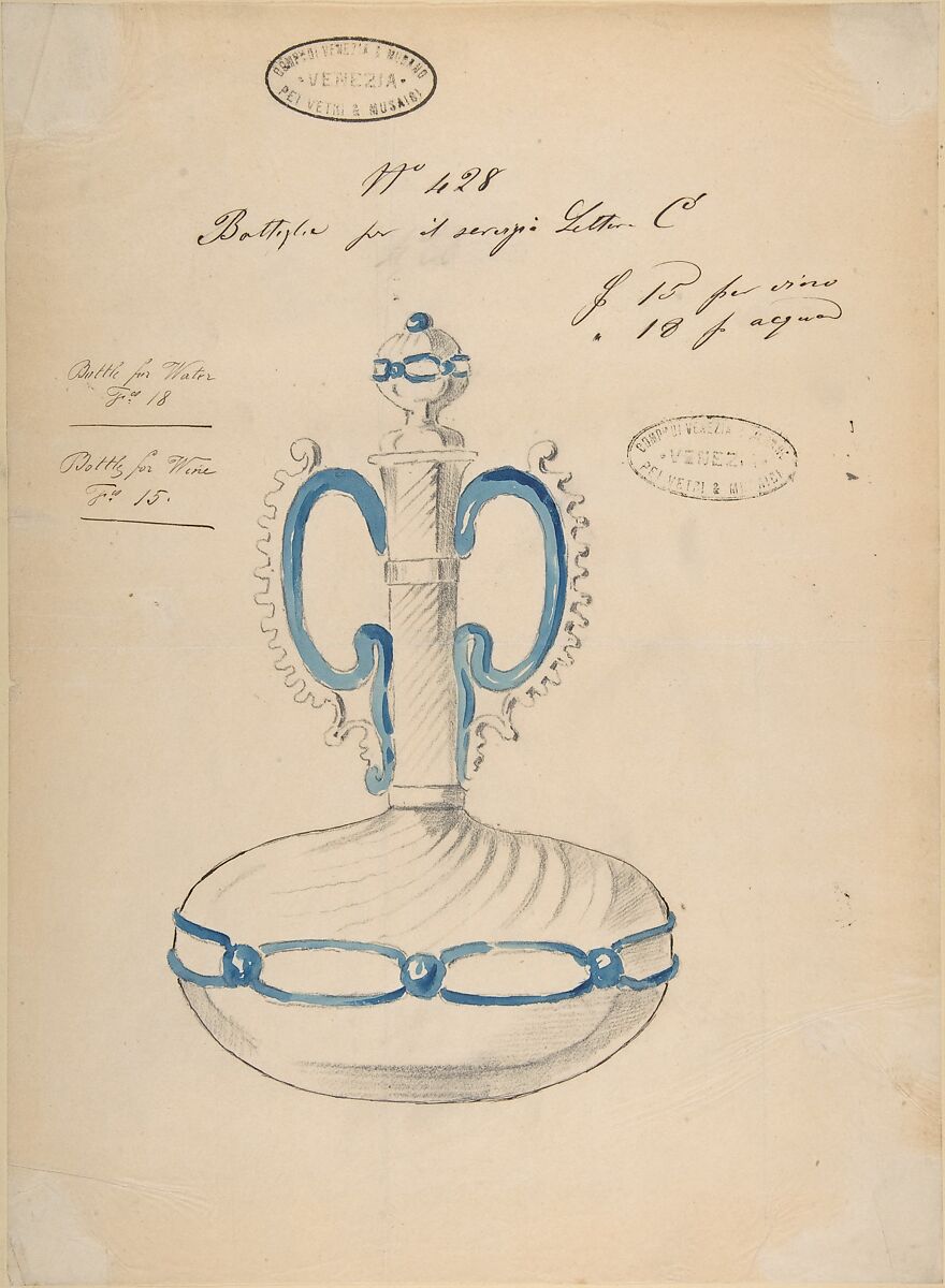 One of Twenty-Three Sheets of Drawings of Glassware (Mirrors, Chandeliers, Goblets, etc.), Compagnia di Venezia e Murano (Italian 1872–1909), Tissue, with pencil, pen and ink, and watercolor 