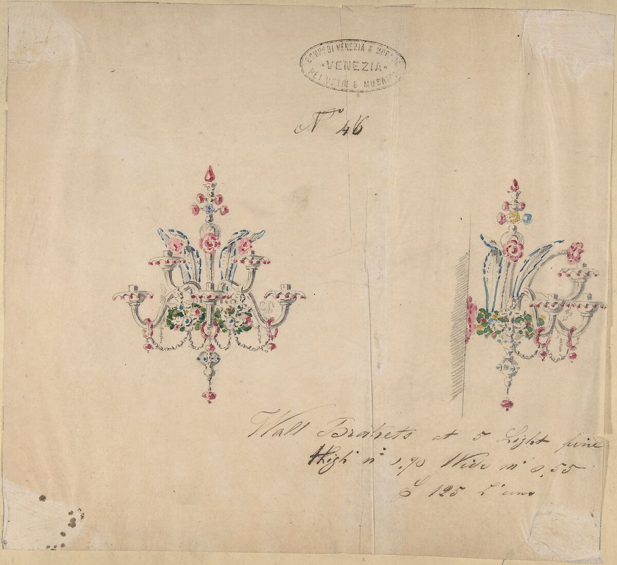 One of Twenty-Three Sheets of Drawings of Glassware (Mirrors, Chandeliers, Goblets, etc.), Compagnia di Venezia e Murano (Italian 1872–1909), Tissue, with pencil, pen and ink, and watercolor 