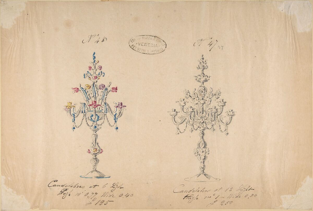 One of Twenty-Three Sheets of Drawings of Glassware (Mirrors, Chandeliers, Goblets, etc.), Compagnia di Venezia e Murano (Italian 1872–1909), Tissue, with pencil, pen and ink, and watercolor 