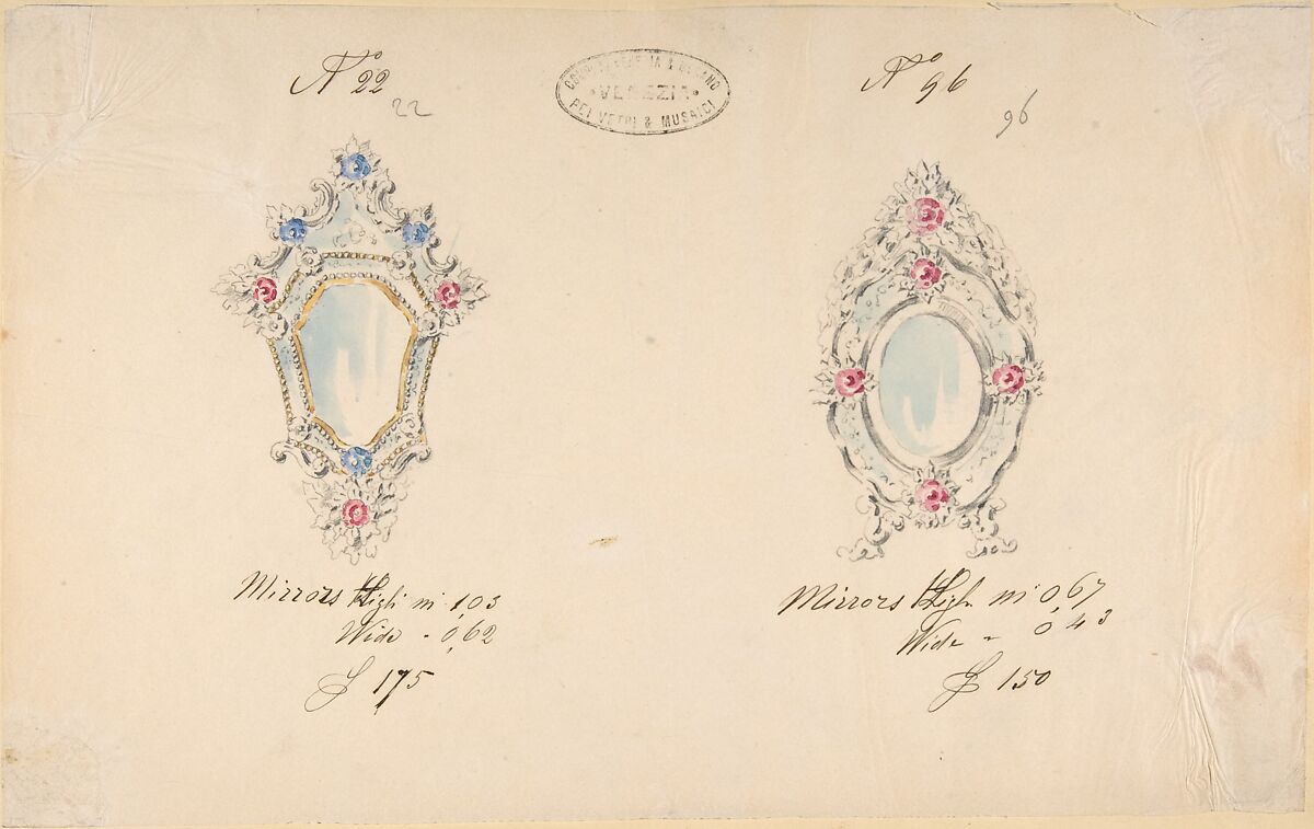 One of Twenty-Three Sheets of Drawings of Glassware (Mirrors, Chandeliers, Goblets, etc.), Compagnia di Venezia e Murano (Italian 1872–1909), Tissue, with pencil, pen and ink, and watercolor 