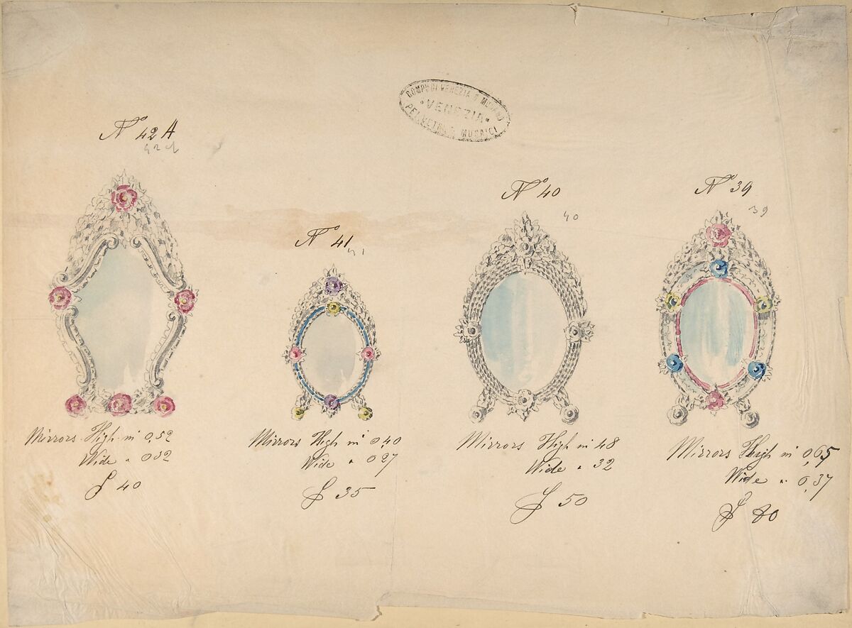 One of Twenty-Three Sheets of Drawings of Glassware (Mirrors, Chandeliers, Goblets, etc.), Compagnia di Venezia e Murano (Italian 1872–1909), Tissue, with pencil, pen and ink, and watercolor 