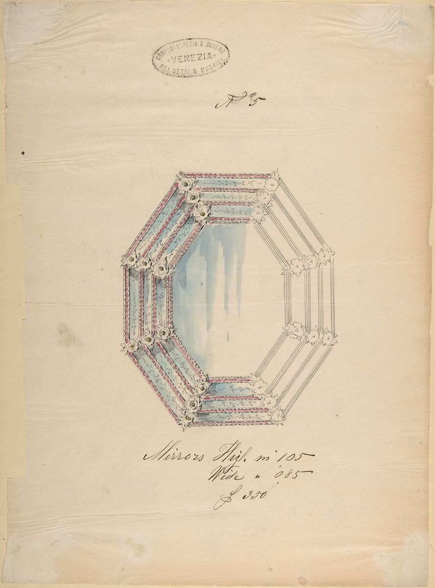 One of Twenty-Three Sheets of Drawings of Glassware (Mirrors, Chandeliers, Goblets, etc.), Compagnia di Venezia e Murano (Italian 1872–1909), Tissue, with pencil, pen and ink, and watercolor 