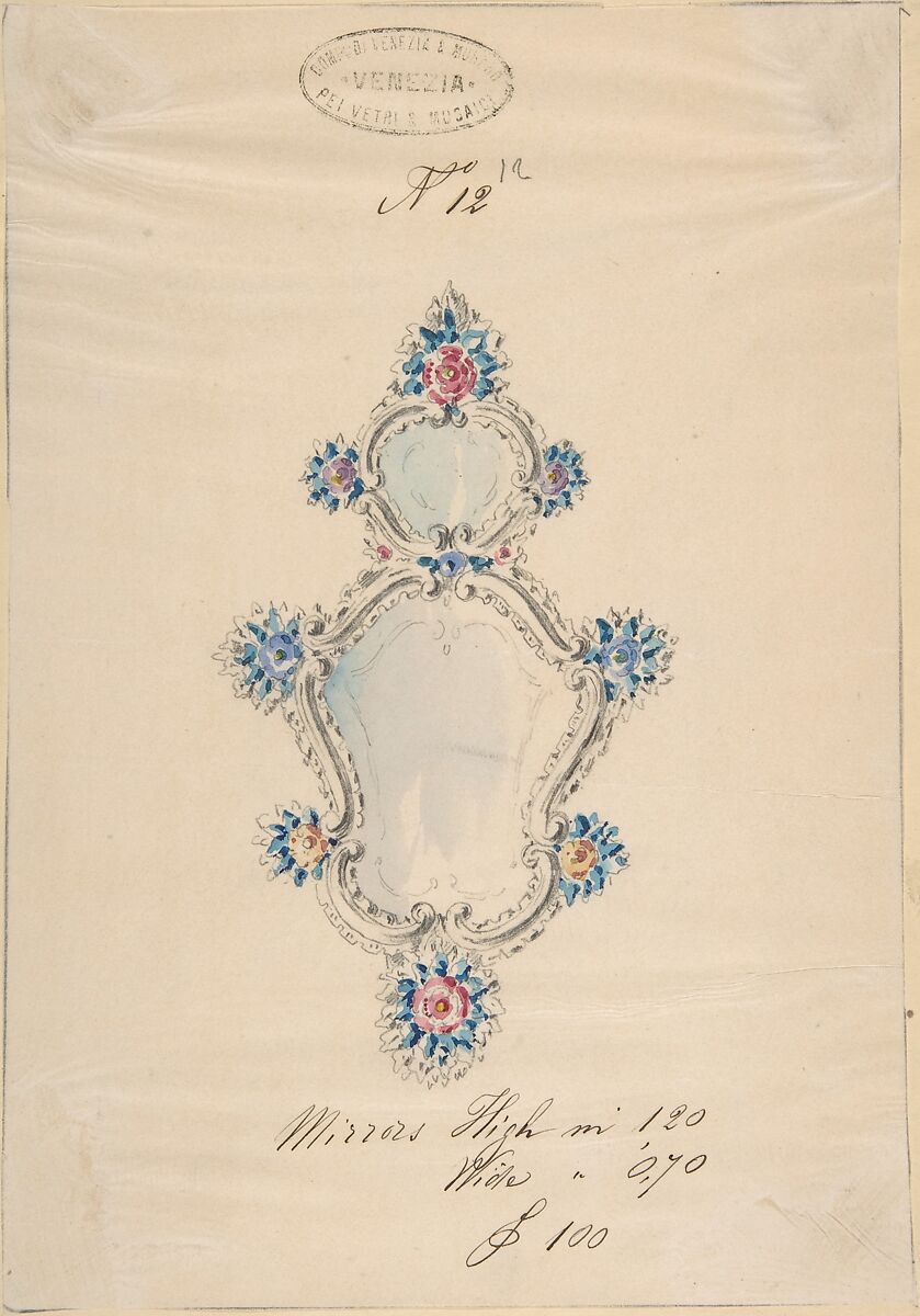 One of Twenty-Three Sheets of Drawings of Glassware (Mirrors, Chandeliers, Goblets, etc.), Compagnia di Venezia e Murano (Italian 1872–1909), Tissue, with pencil, pen and ink, and watercolor 